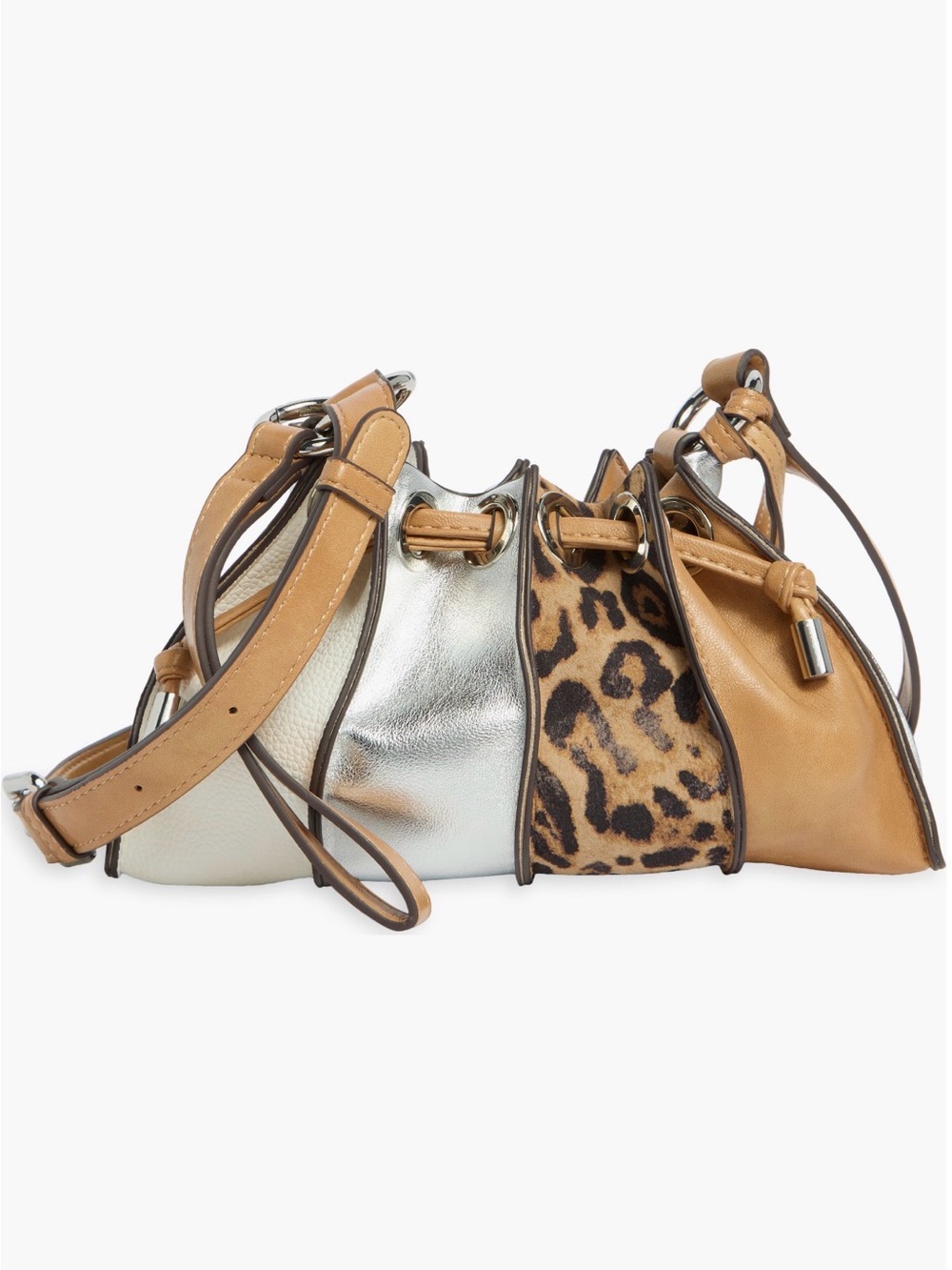 Dolce Vita Multi-Panel Drawstring Crossbody - Tan, Silver, Cream, Leopard